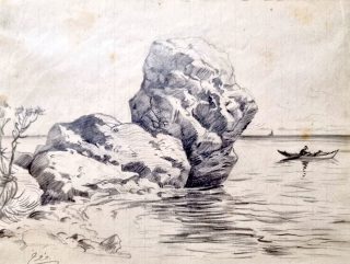Moustafa Farroukh — On the coast, two rocks and a boat — 1913